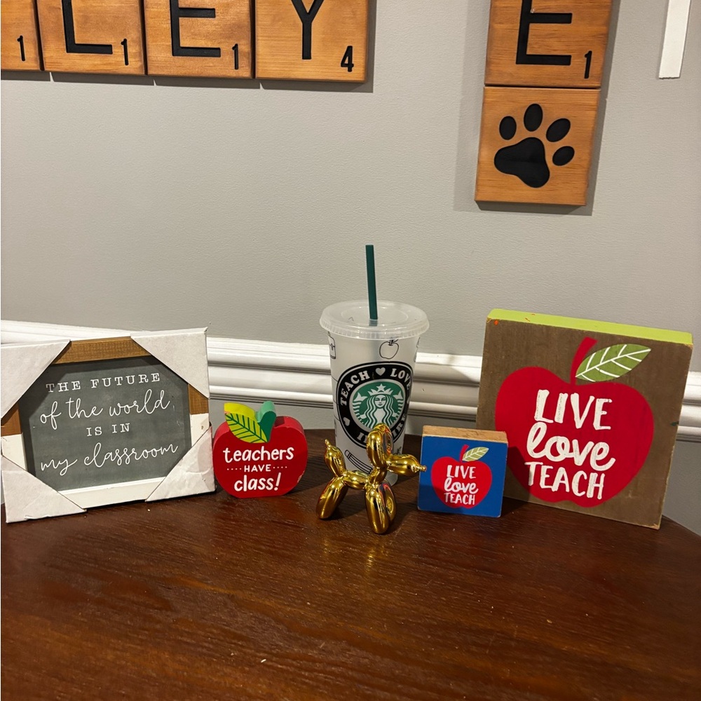Decorative Classroom 6 Piece Set - 4 signs Starbucks Cup and Mini Gold Poodle